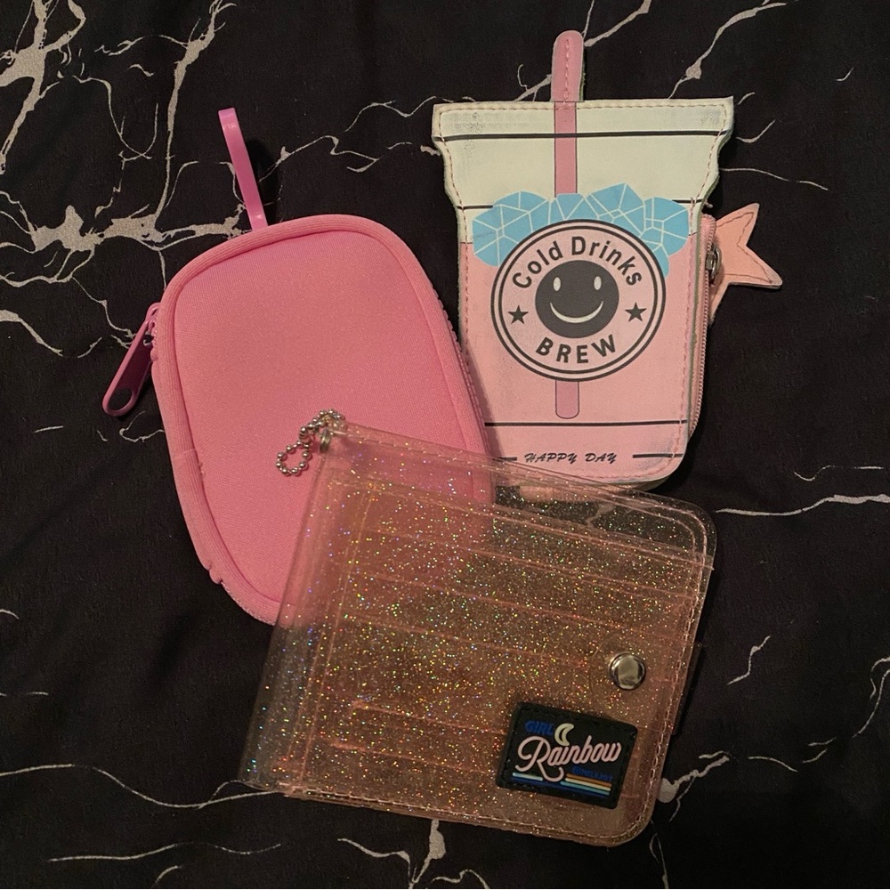 Milkjoy Girl Rainbow Clear Glitter Bifold Snap Zip Drink Card Wallet Lot